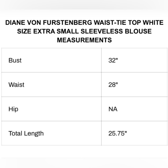 DIANE VON FURSTENBERG
WAIST-TIE TOP WHITE SIZE EXTRA SMALL SLEEVELESS BL… - Picture 12 of 12